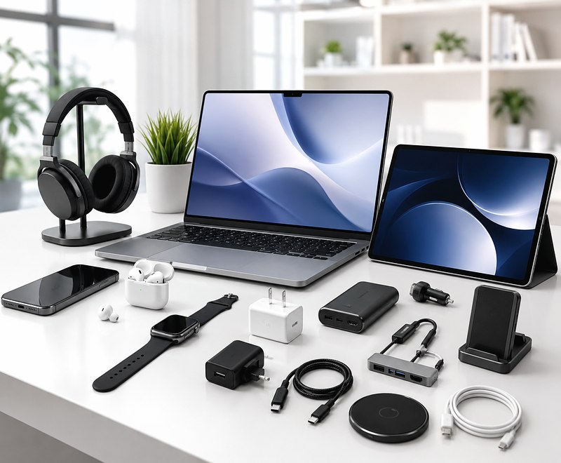 Laptop, tablet, headphones and computer accessories